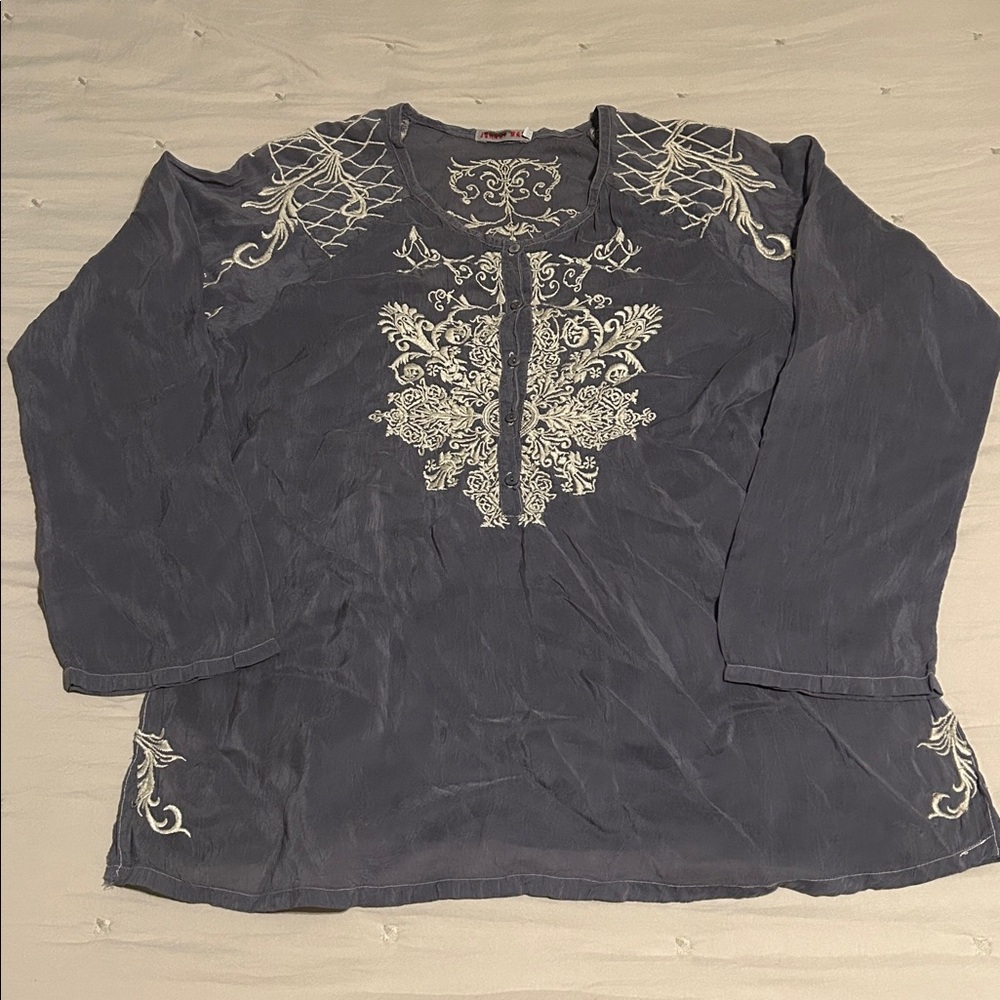 Johnny Was Gray Top with White Embroidery